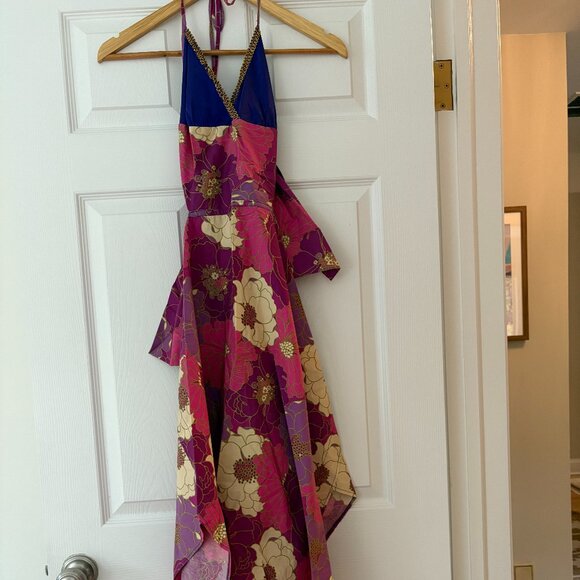 Boho Floral Silk Handkerchief Dress with Open Back and Tie Detail - Picture 1 of 3